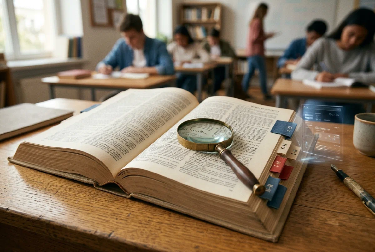 An open dictionary-style book with a magnifying glass and index tabs