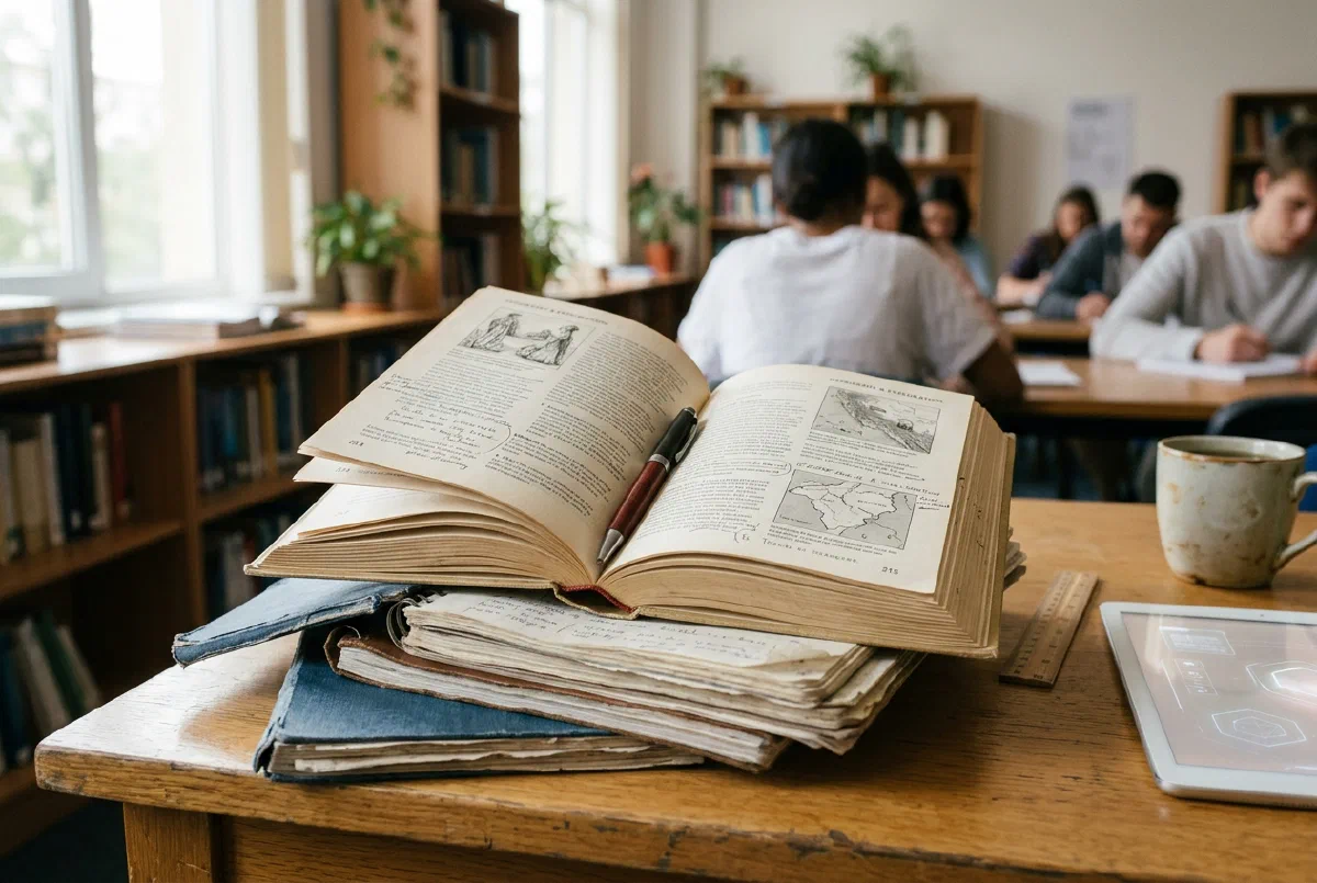 A stack of well-used notebooks and an open guidebook on a warm desk