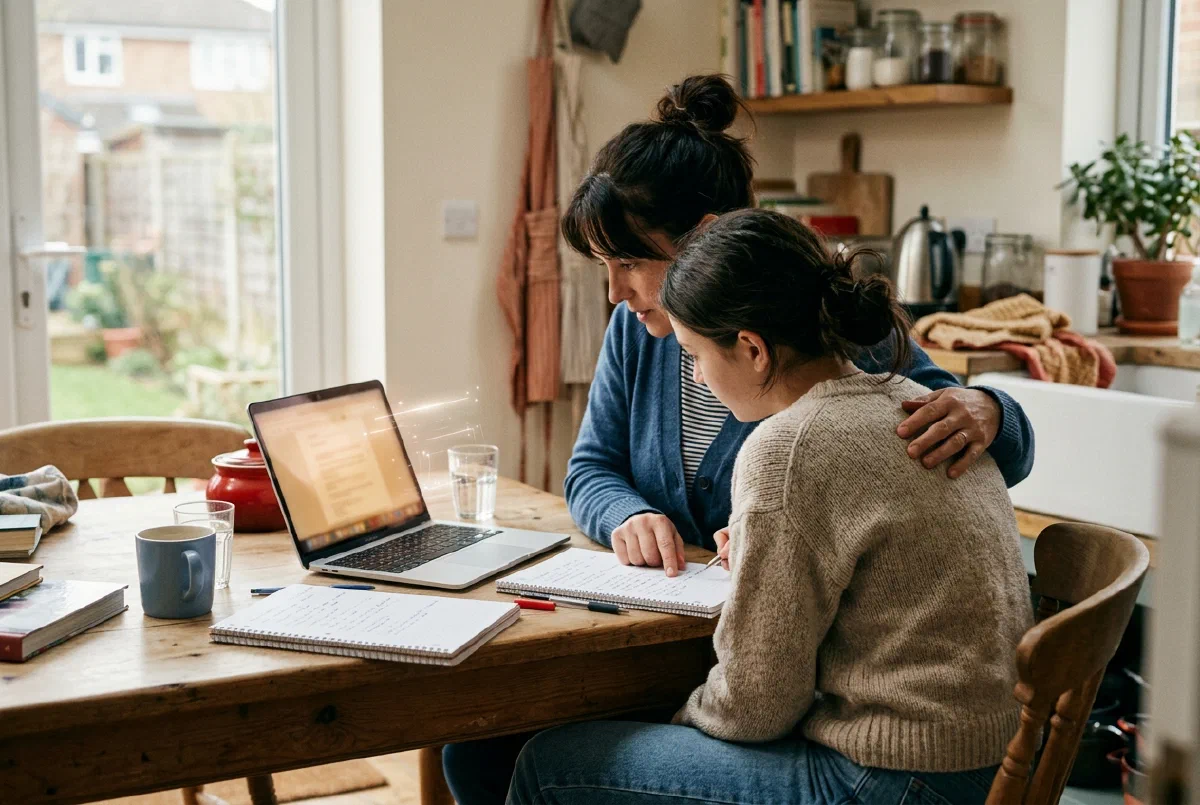 A parent and teenager working through homework together at a kitchen table