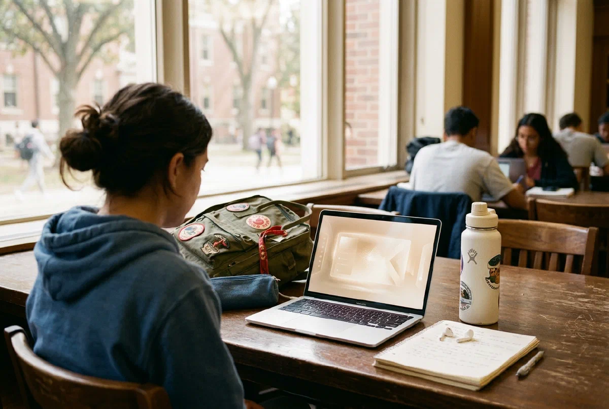 A student's backpack, earbuds and open laptop on a library table by a window