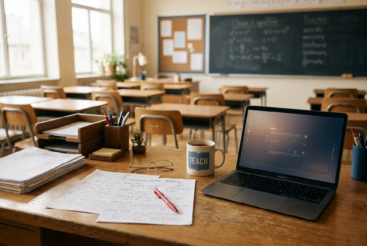 A teacher's desk with lesson notes, a red pen and reading glasses in a softly lit classroom