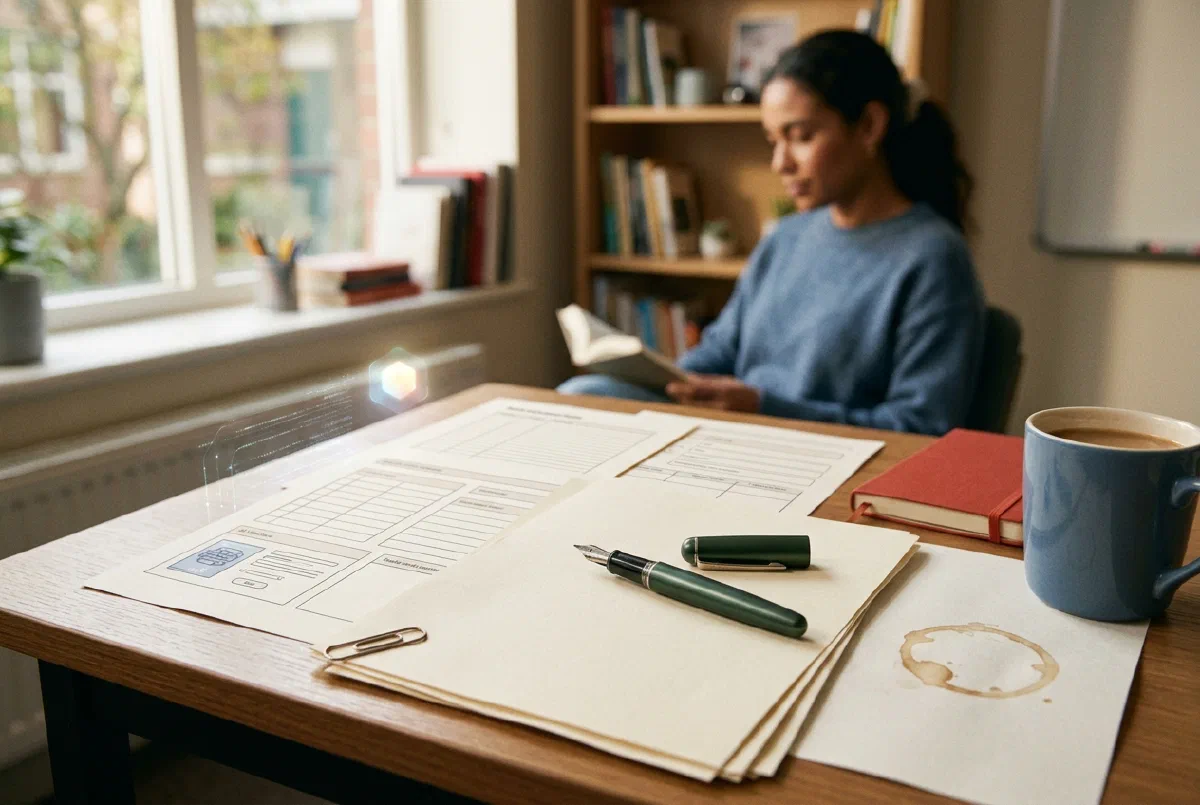 A tidy desk with printed template pages, a fountain pen and a paper clip