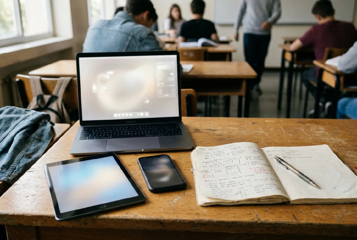 A laptop, tablet and phone arranged as a small toolkit beside a reviewer's notebook