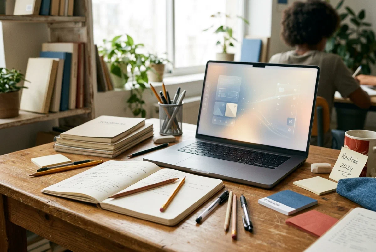 Fresh notebooks, pencils and a laptop on a warm desk, ready for a new term