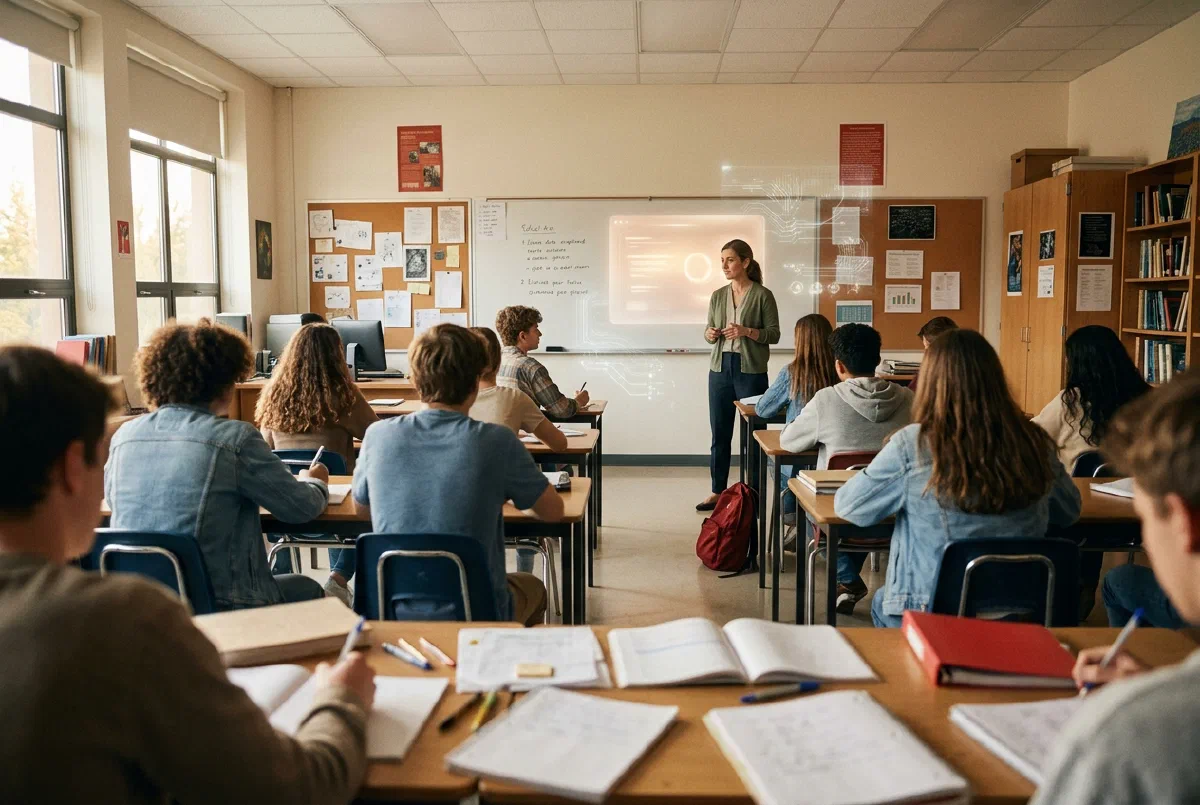 A softly lit classroom seen from the back, students at desks and a teacher near the board