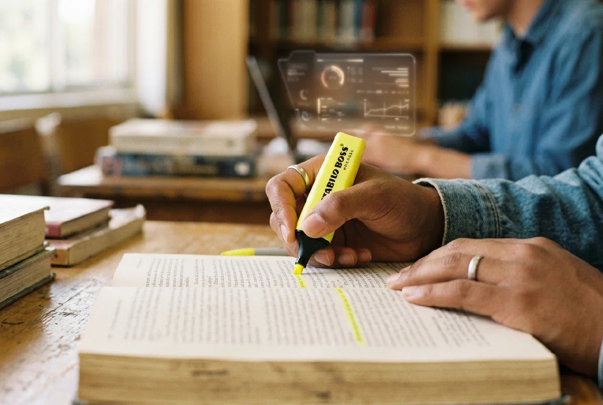 A hand reviewing a printed page with a highlighter