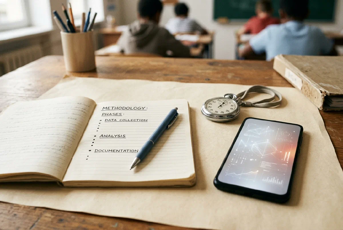 A methodology flat-lay with a checklist notebook, pen and a device
