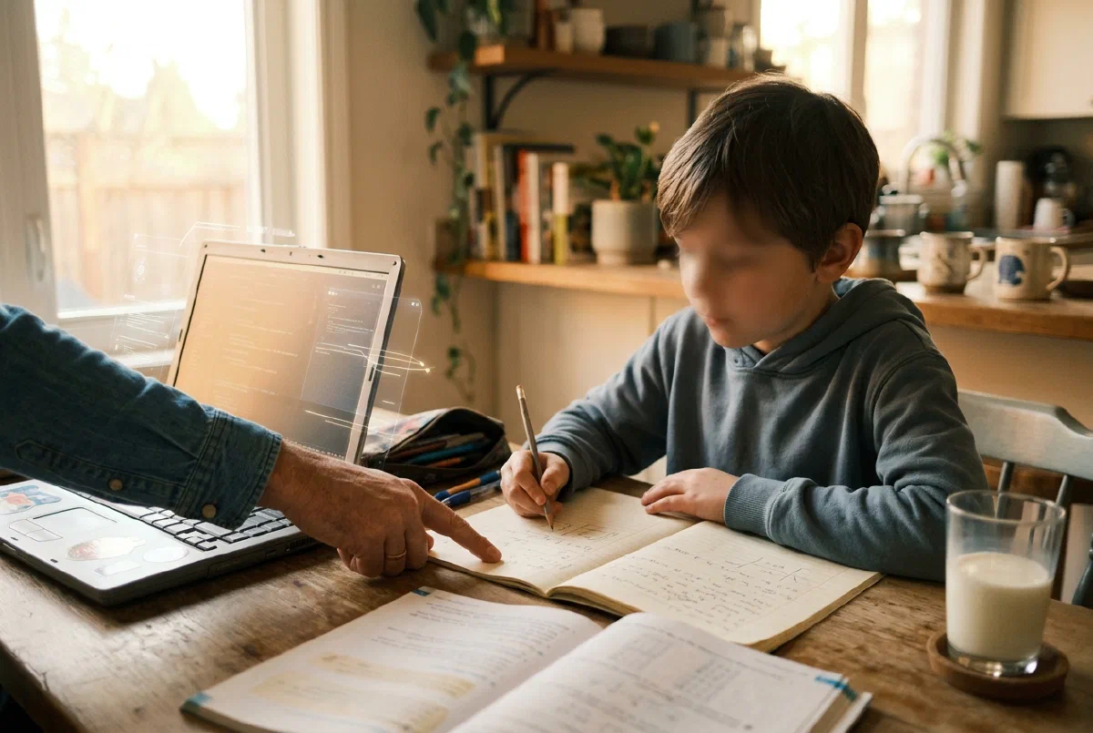 A parent and child at a kitchen table, a notebook and laptop between them