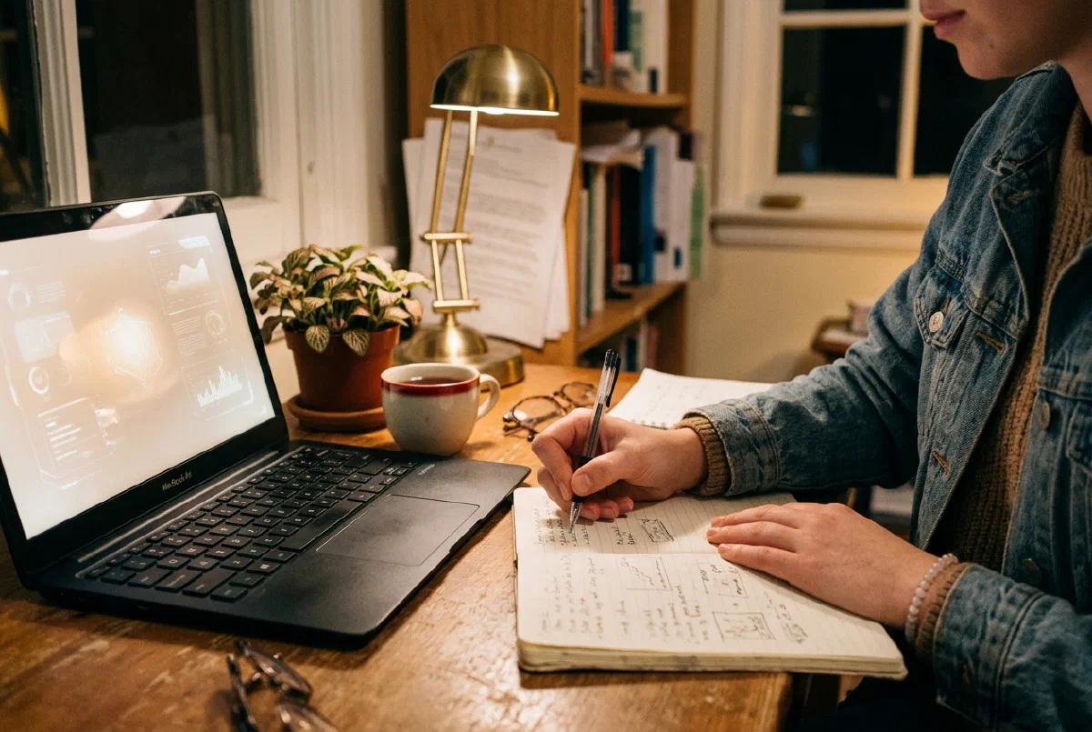 A student's hands writing in a notebook beside a laptop under a warm desk lamp