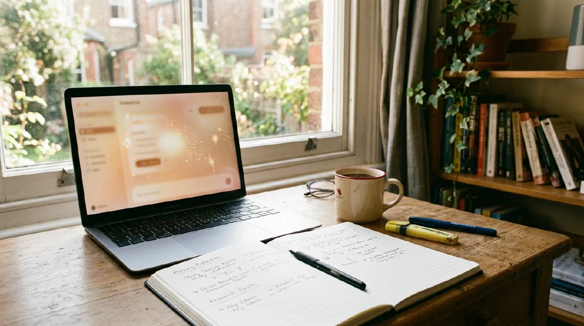 A student's desk by a window with an open notebook and a laptop showing a soft interface glow