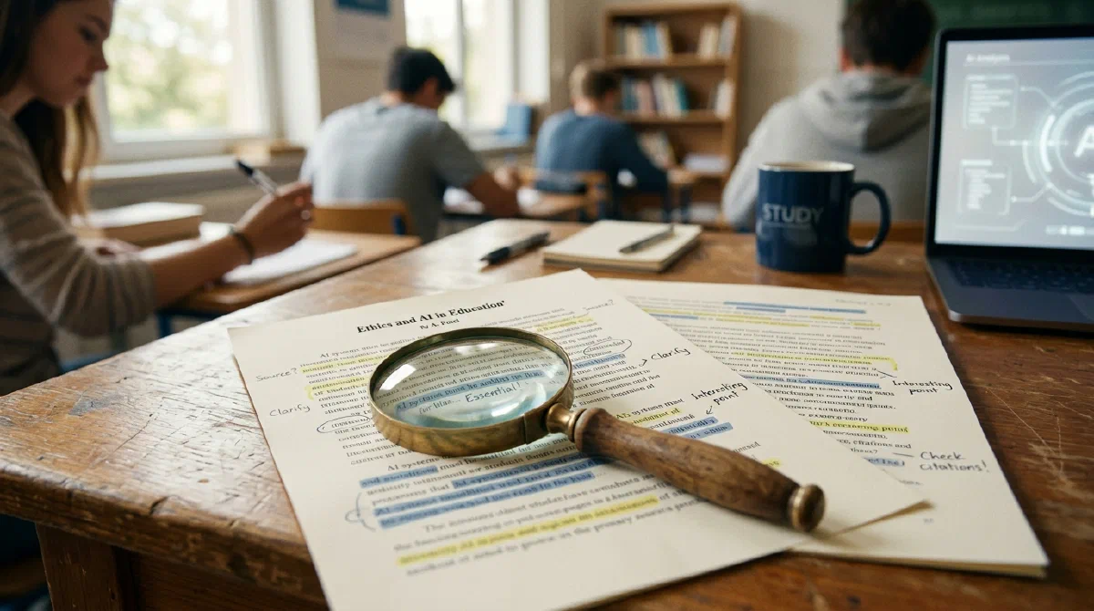 A printed student essay on a desk with a magnifying glass resting on it