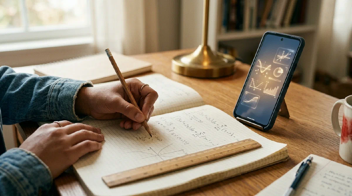 Hands working a math problem in a notebook with a phone showing a solver interface nearby