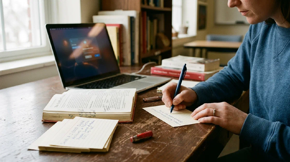 A bibliography being assembled with index cards, a reference book and a laptop