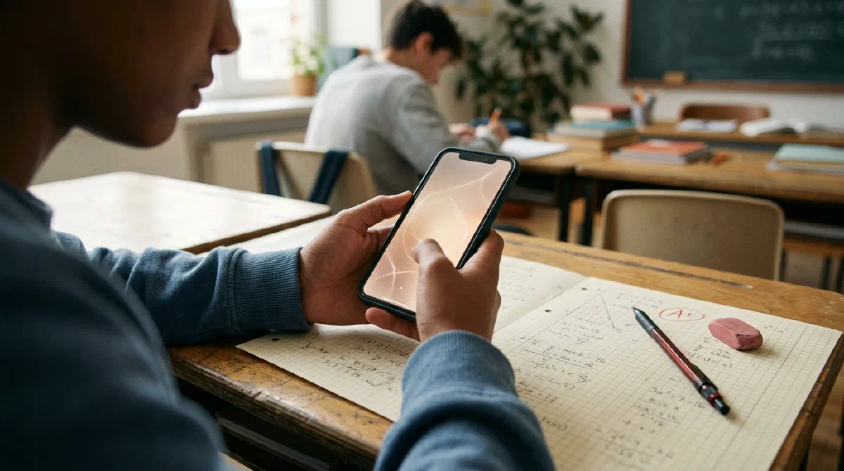 A phone held over a handwritten math worksheet showing a step-by-step solver interface