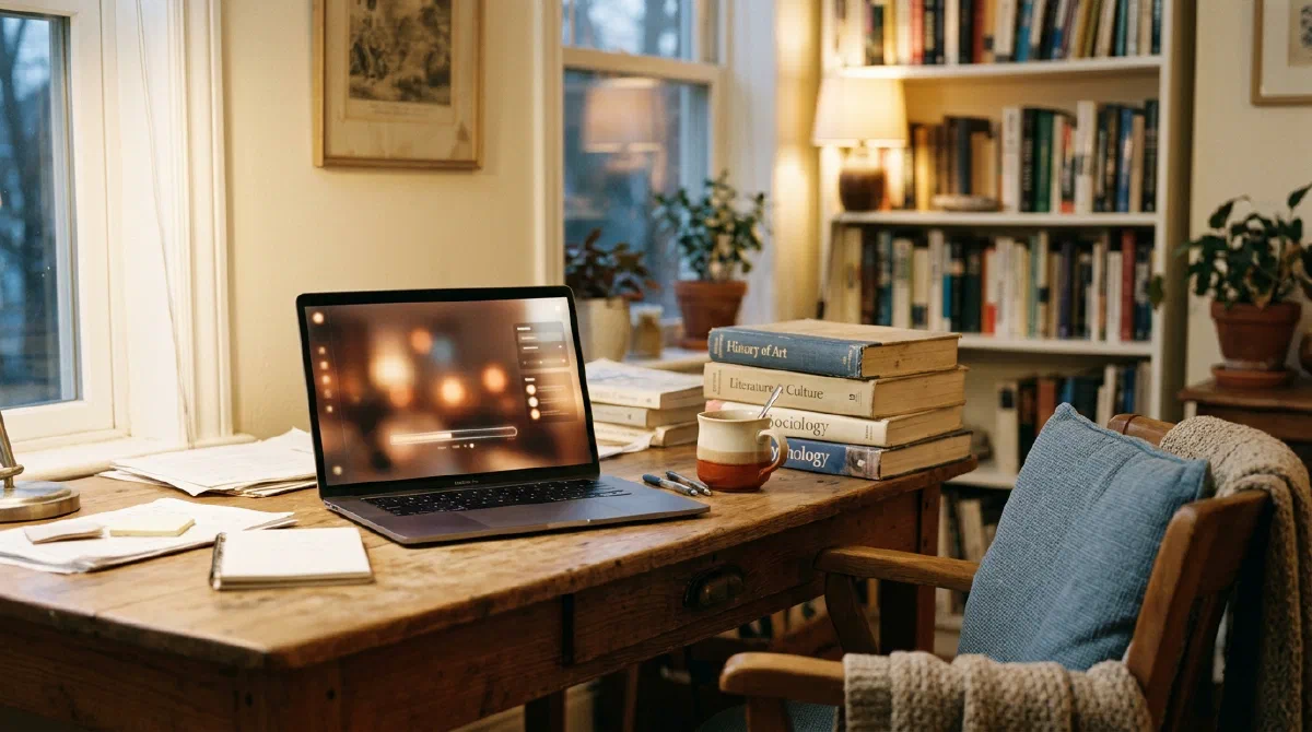 A cozy study corner with a laptop open to a tutoring interface, mug and textbooks