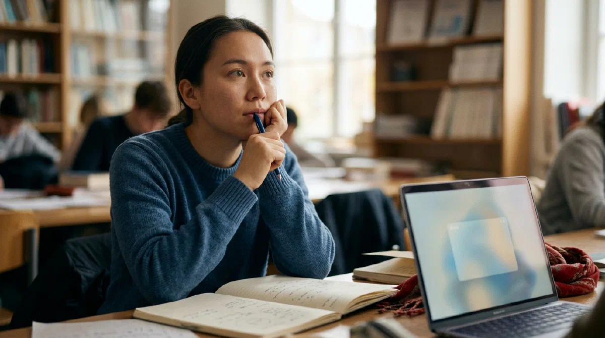 A student pausing thoughtfully with pen to chin over an open notebook, laptop nearby