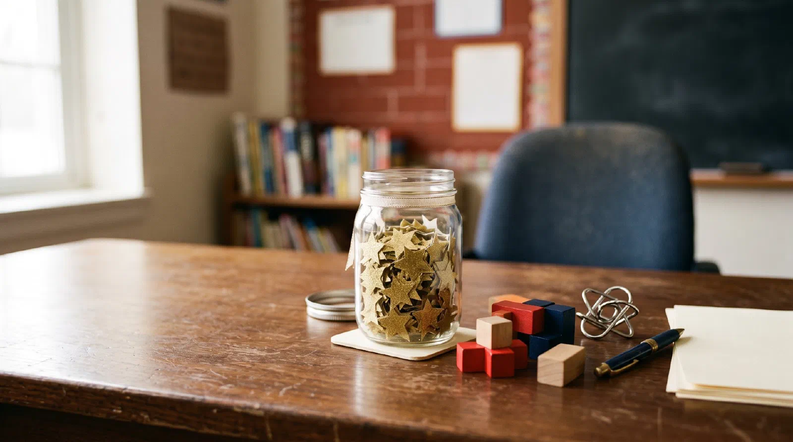 A jar of gold star stickers and a few brain-teaser puzzle pieces on a teacher's desk