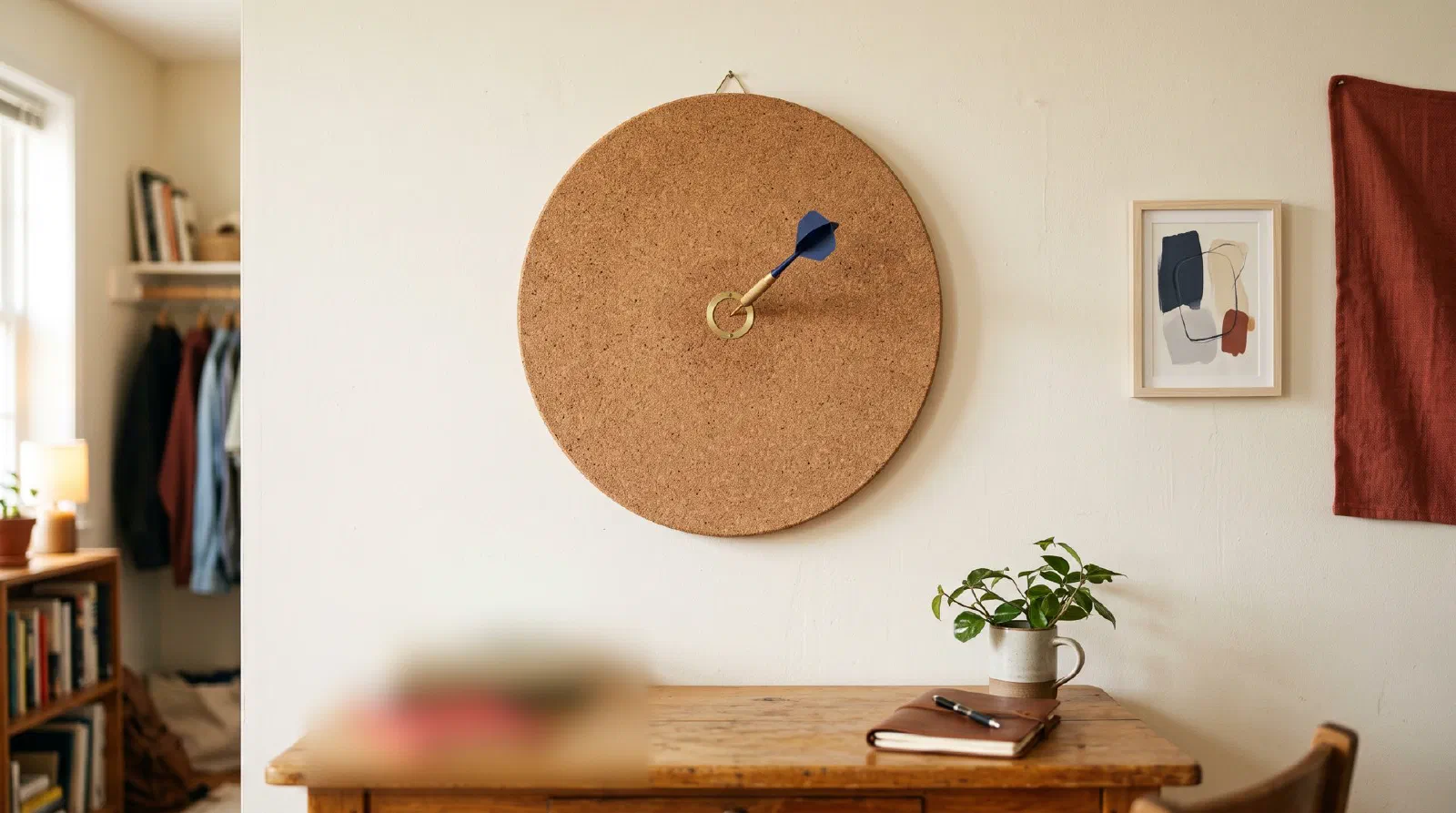 A dartboard with a dart in the bullseye hanging in a student's bedroom above a desk with books