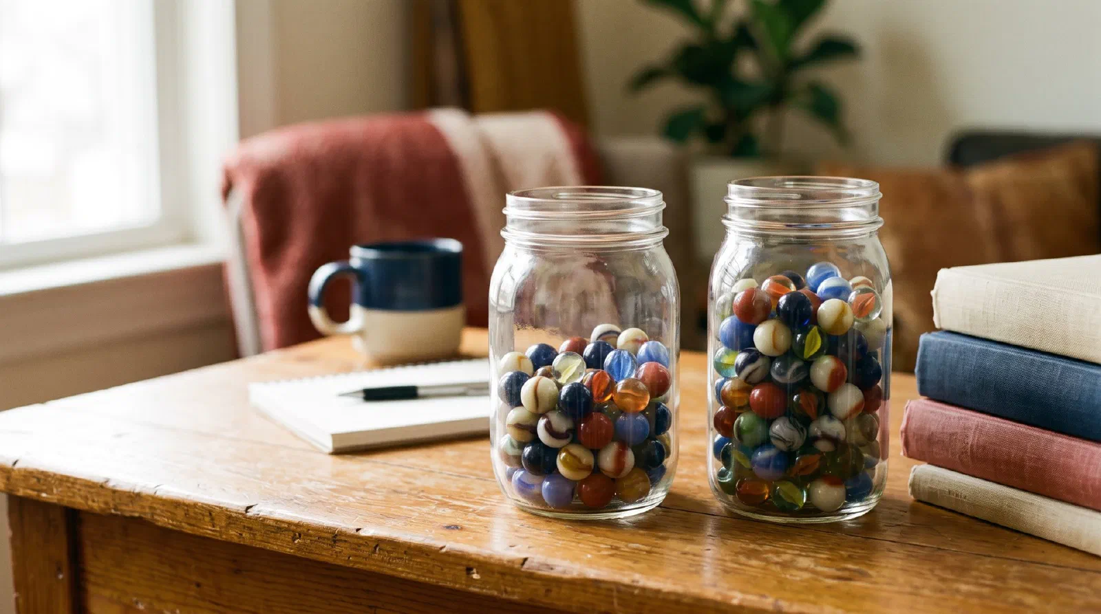 Two glass jars filled with marbles to different levels on a desk