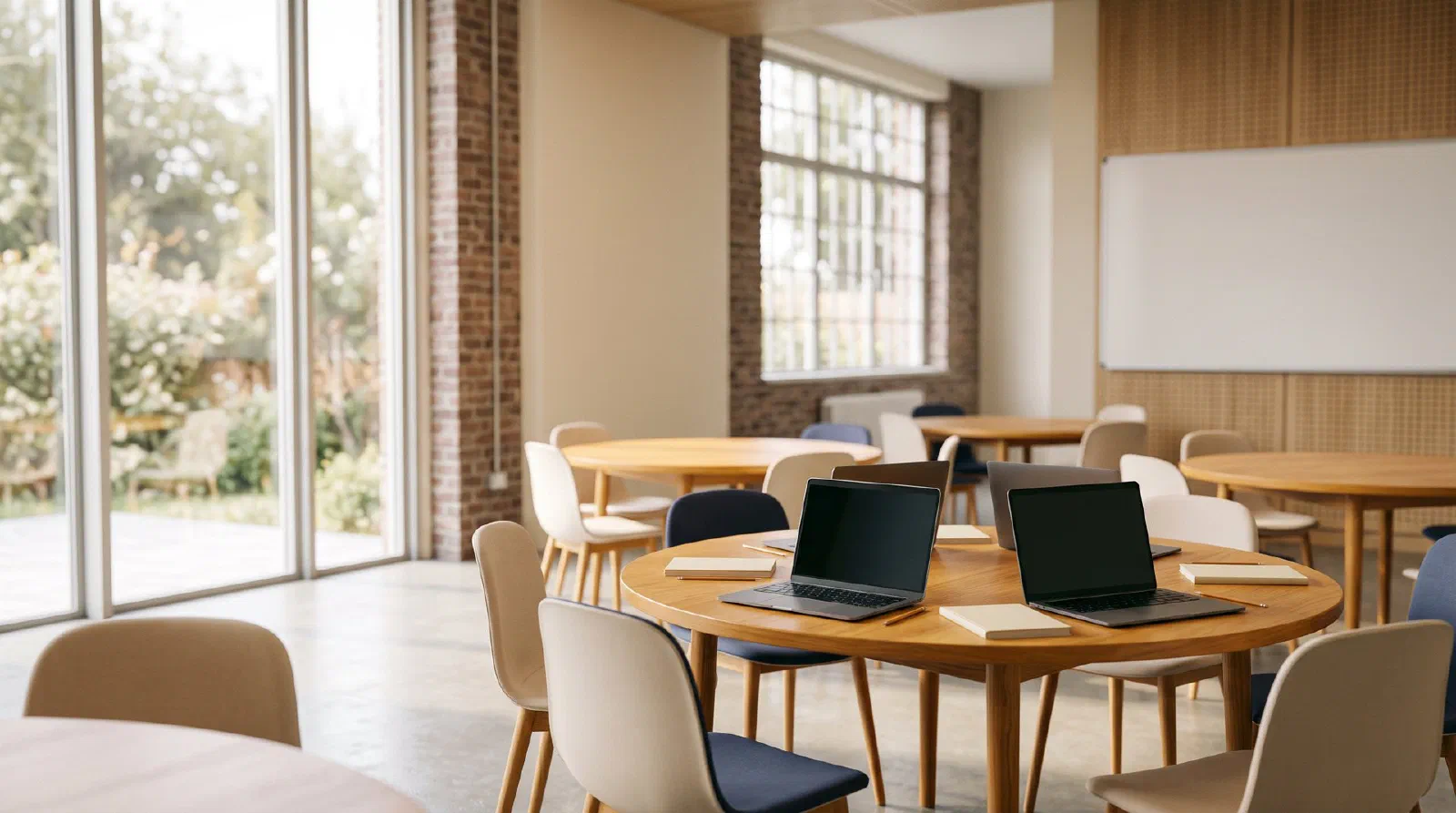 A modern minimalist classroom with laptops on round tables and soft daylight