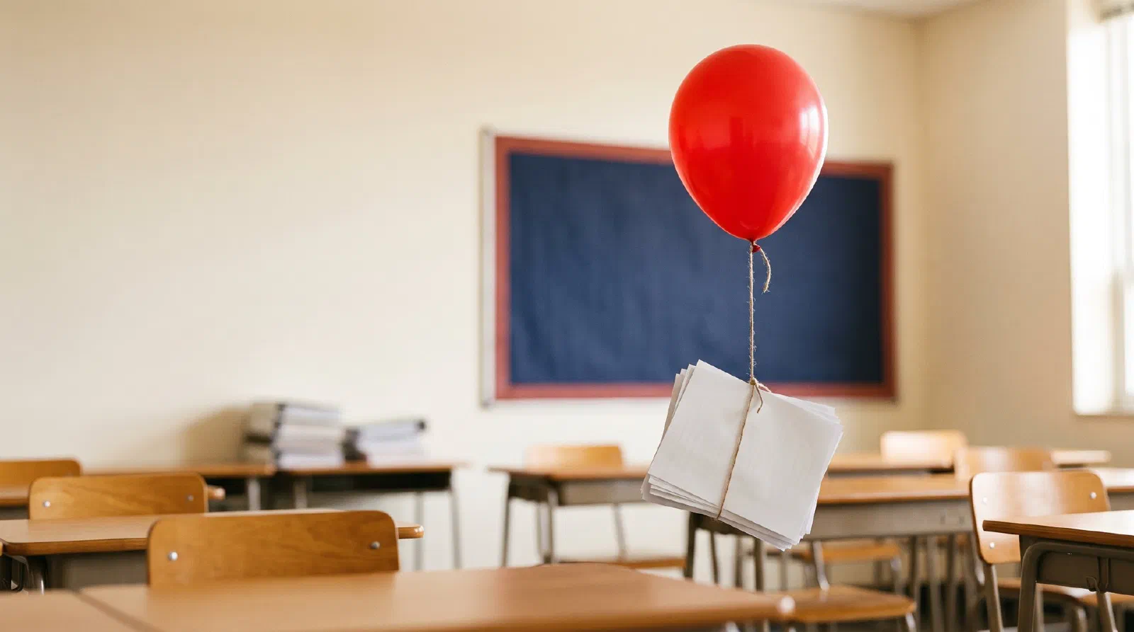 A red helium balloon tied to a stack of school papers floating upward in a classroom