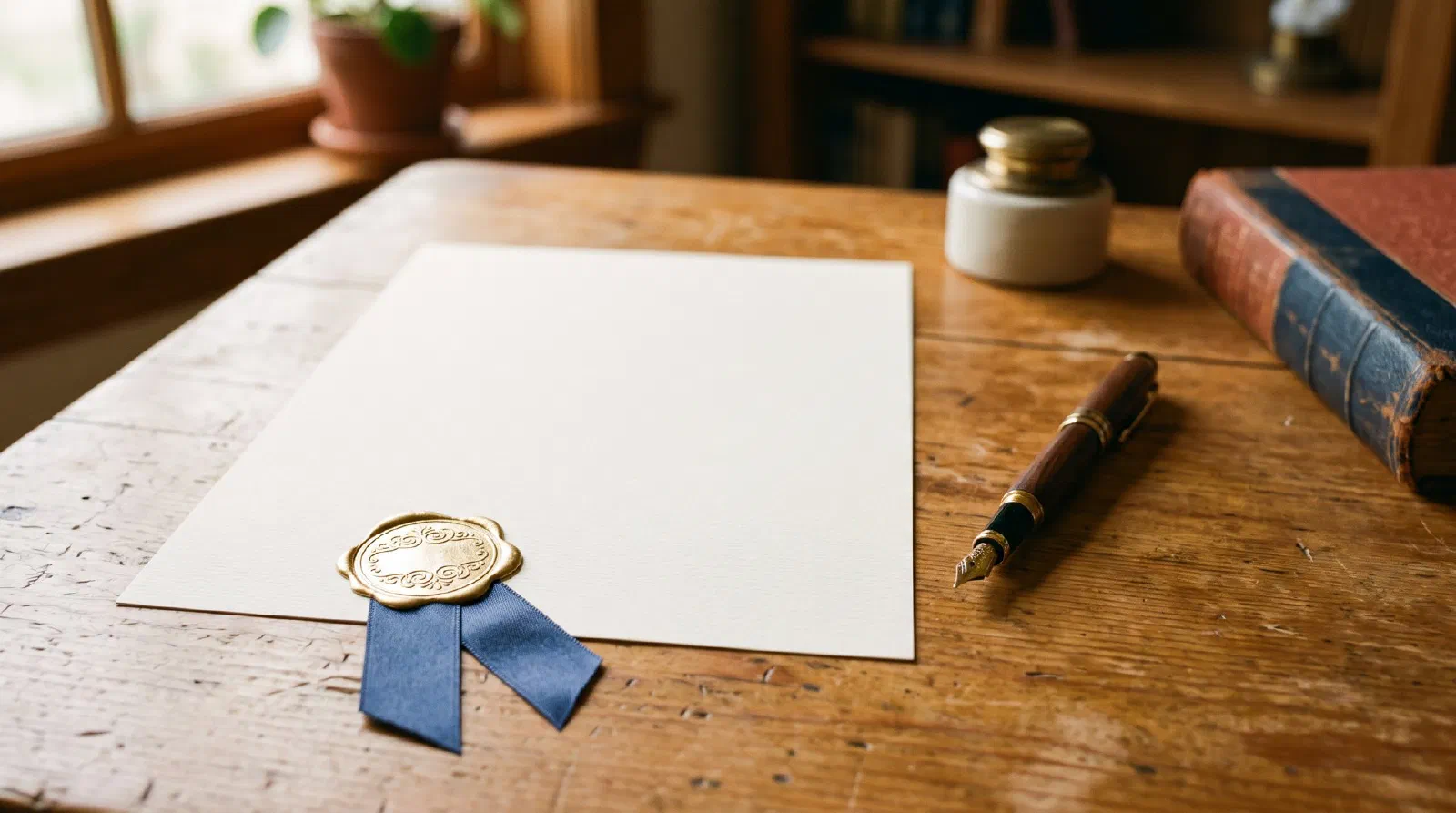 A blank certificate-style paper with a gold seal ribbon and a fountain pen on a desk