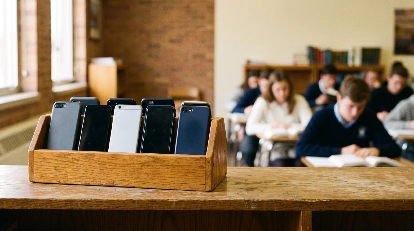 A row of smartphones placed face down in a wooden phone caddy on a classroom shelf