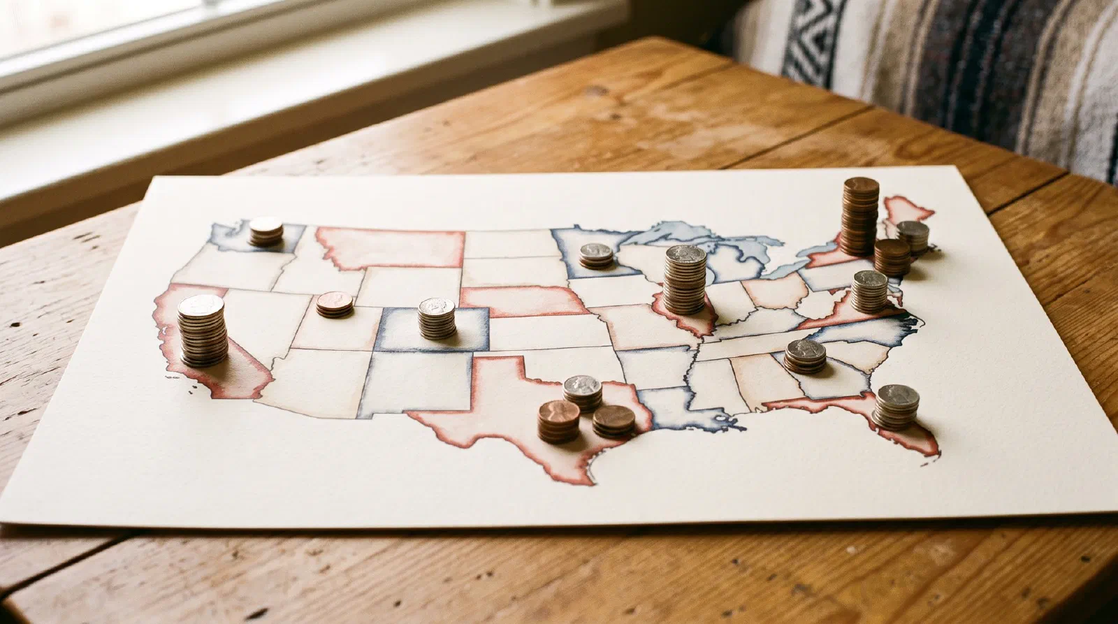 A label-free map of the United States with small stacks of coins of different heights placed across it