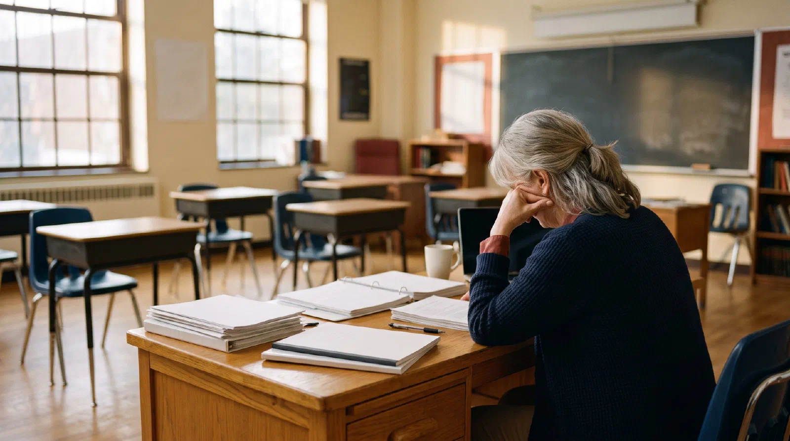 A tired teacher sitting at a desk in an empty classroom after school