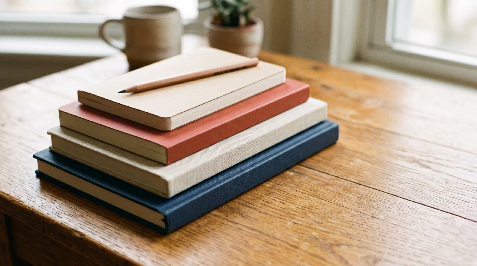 Four stacked notebooks of increasing height on a desk like steps