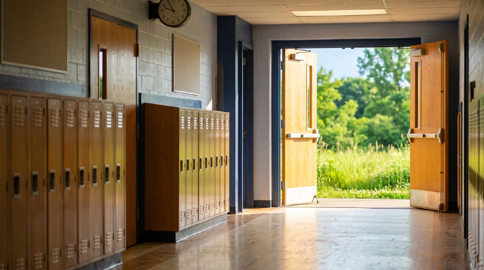 An empty school hallway with sunlight streaming through open doors to a green field