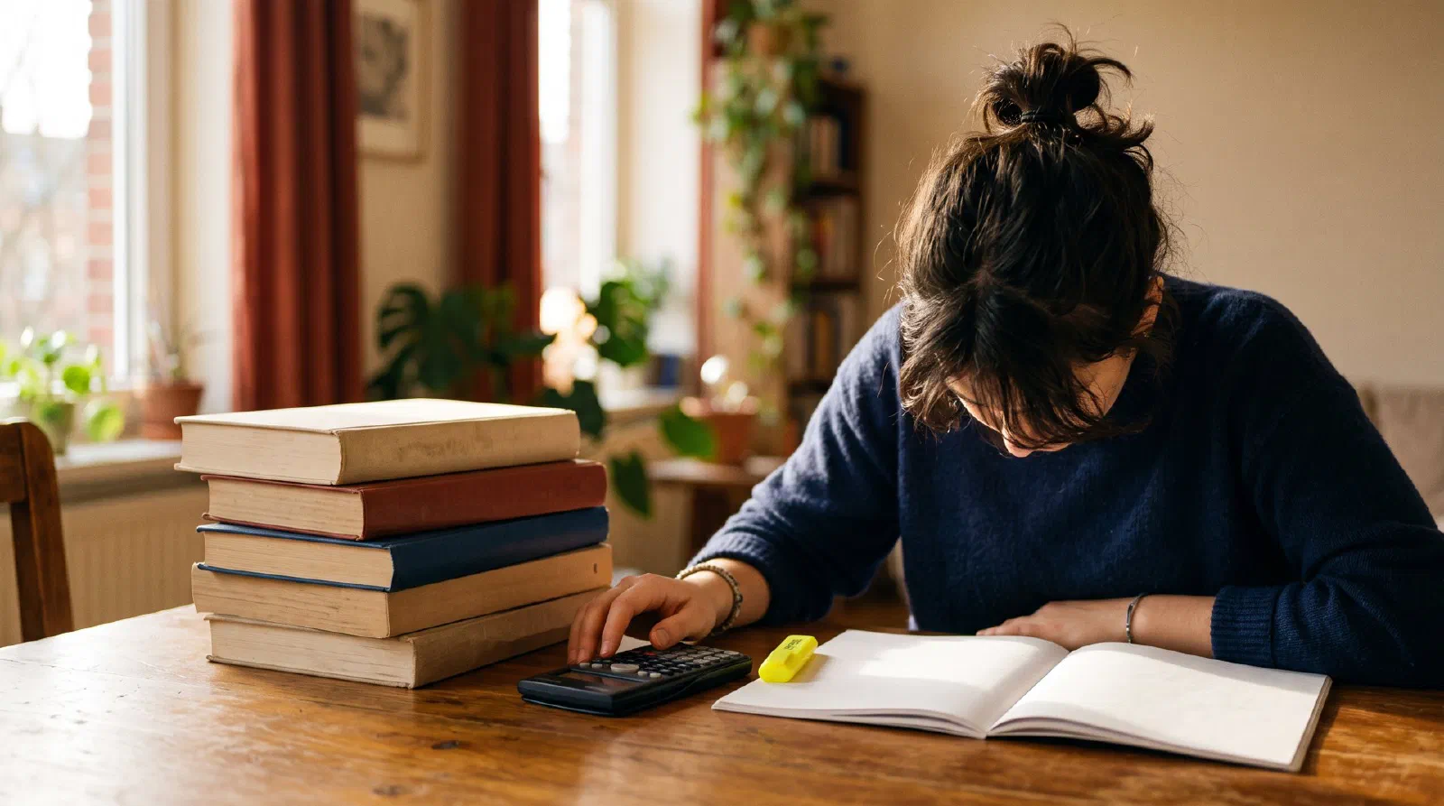 A student studying for a final exam late afternoon