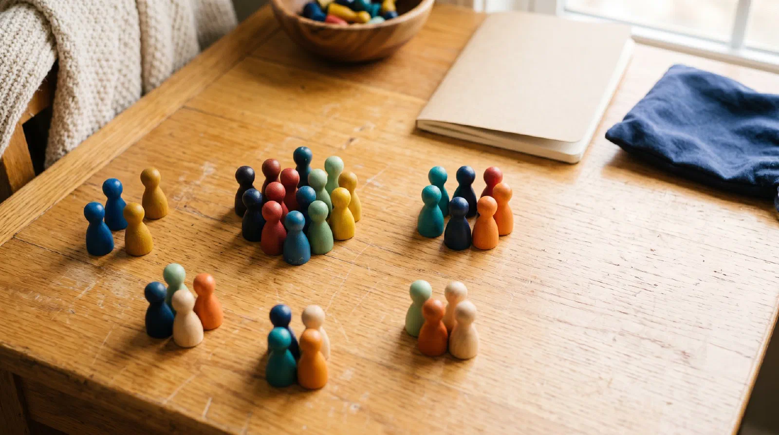 Colorful wooden pawns grouped into small clusters on a light wooden table