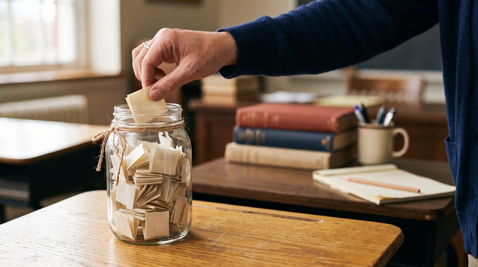A glass jar filled with folded blank paper slips on a classroom desk