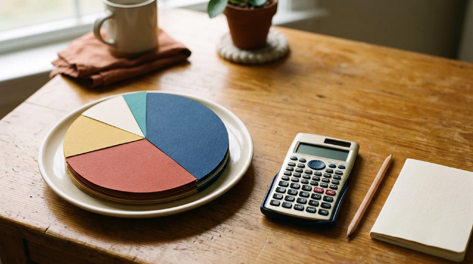 A round pie made of colored paper segments on a desk next to a calculator