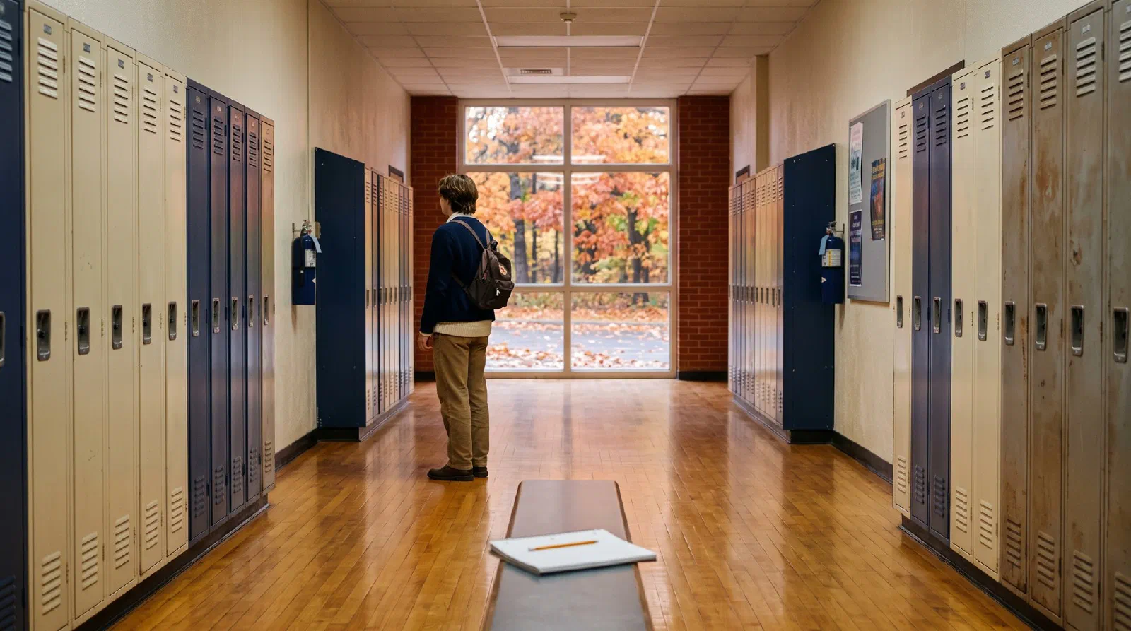A high school hallway in autumn with lockers and fallen leaves visible through a window