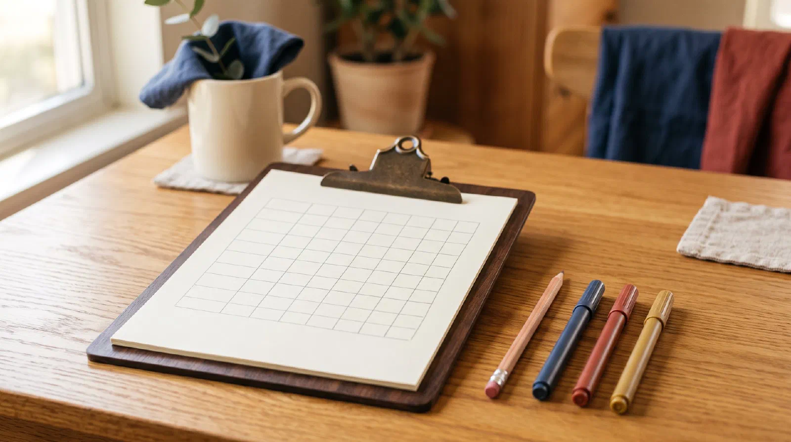 A clipboard with a blank grid table drawn in light lines