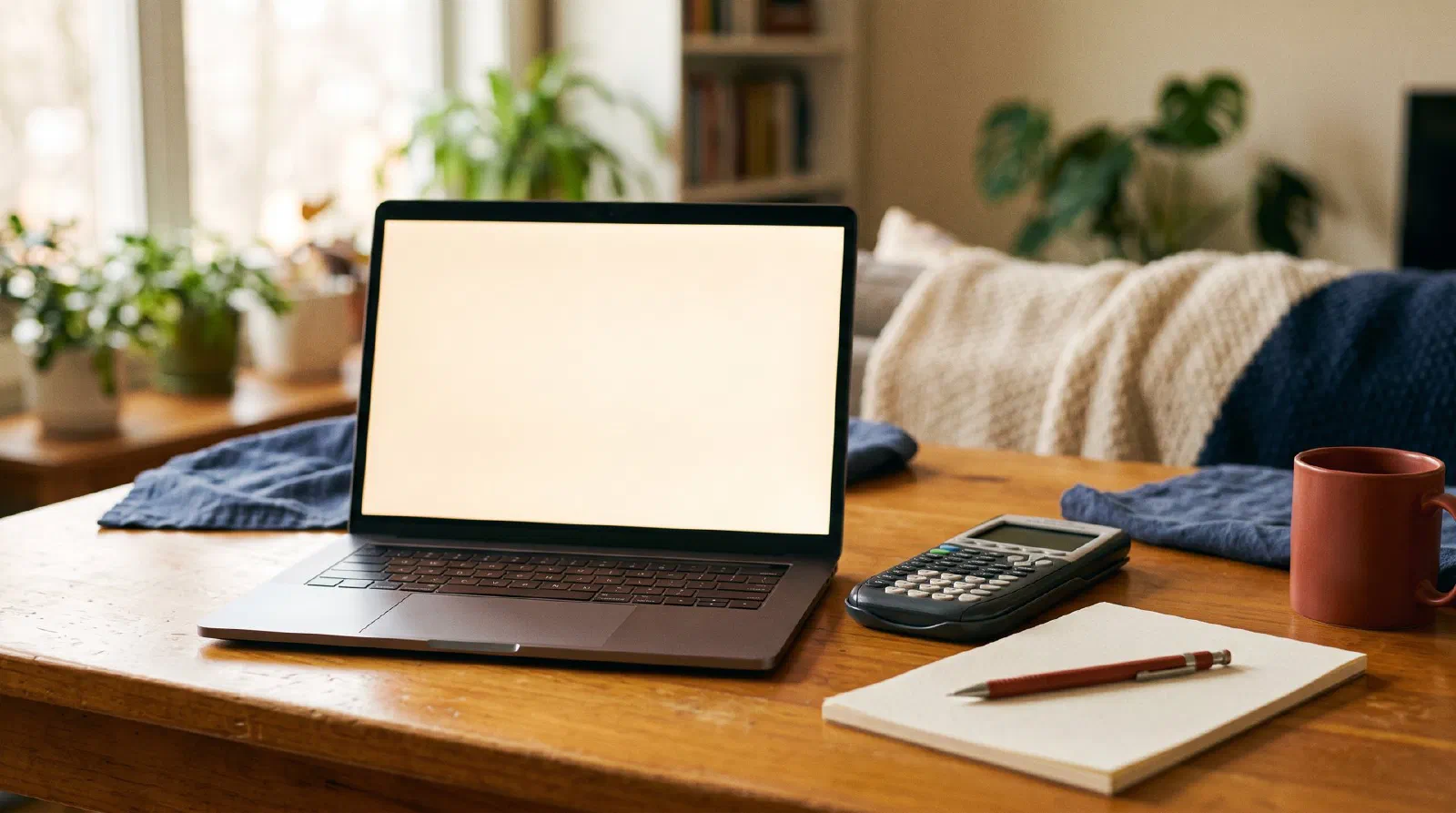 A laptop on a desk showing a blank soft screen