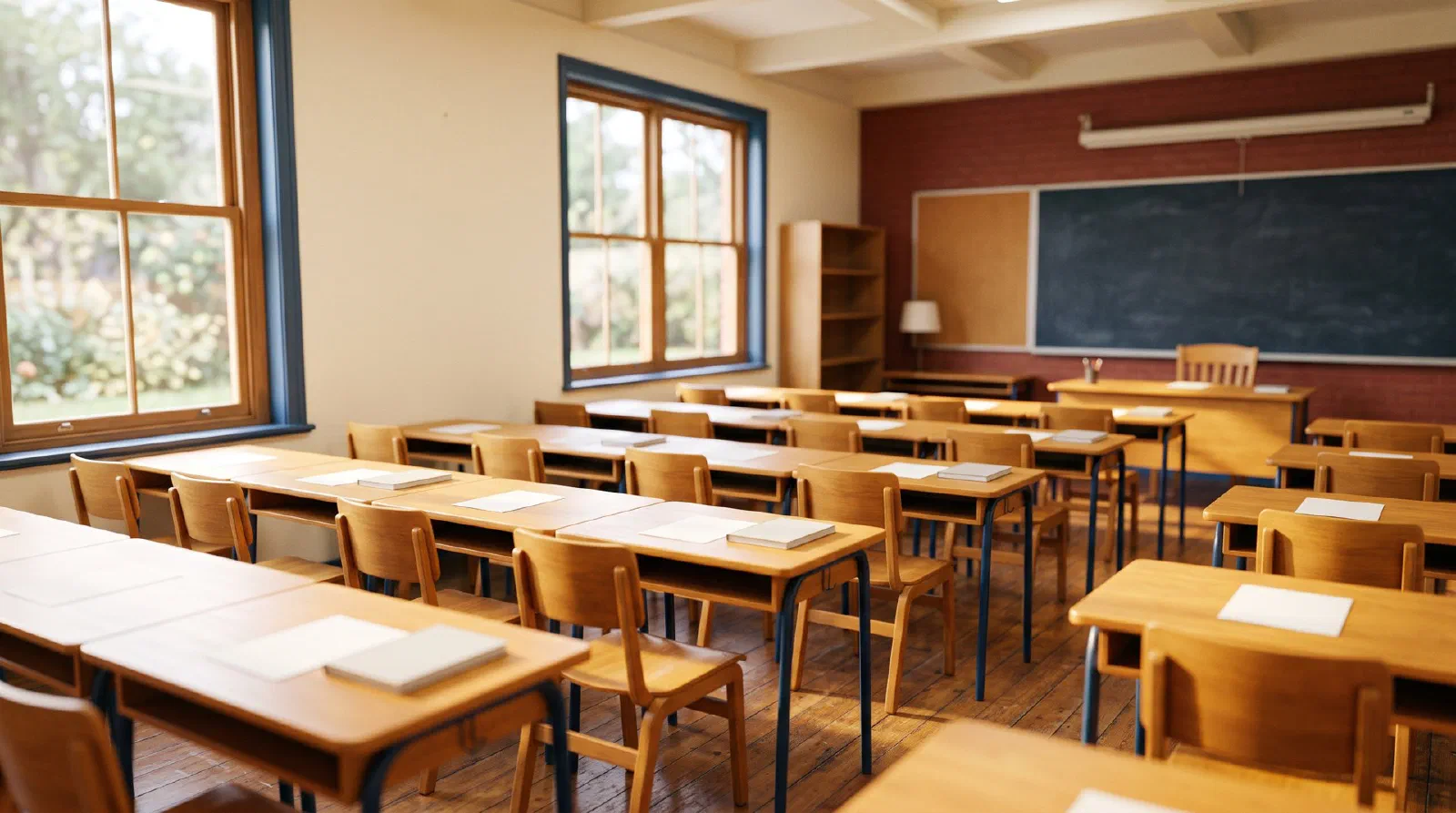 An empty bright classroom with neatly arranged wooden desks in rows